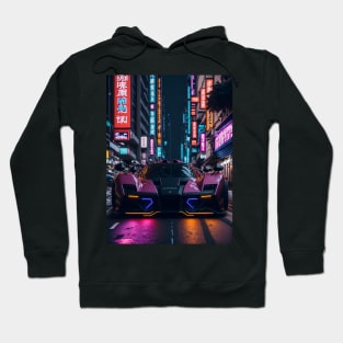 Dark Neon Sports Car in Japanese Neon City Hoodie